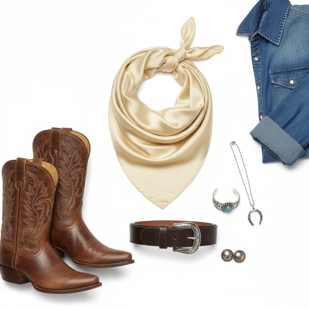 Flat lay of ivory wild rag scarf with western accessories including boots, belt, jewelry, and denim