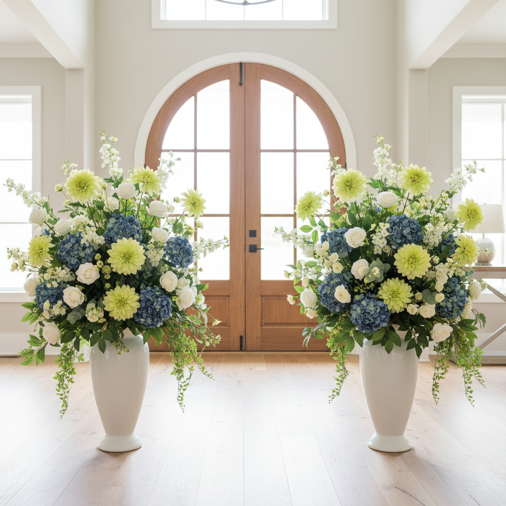 Entryway floral arrangement with light green dahlia blooms and blue hydrangeas in tall white ceramic floor vases flanking an elegant doorway