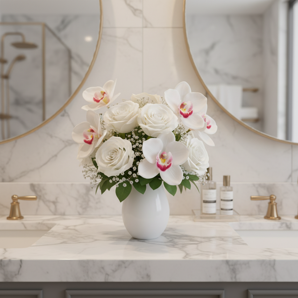 Artificial white Cymbidium orchid bouquet with white roses and baby's breath in a white ceramic vase on a luxury bathroom vanity marble countertop