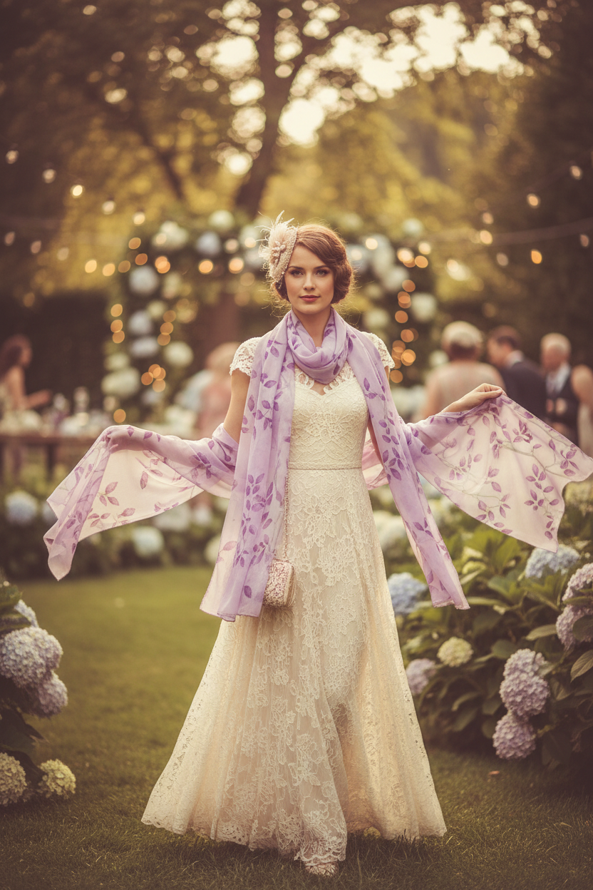 Lavender chiffon scarf styled as elegant wrap at wedding or garden party