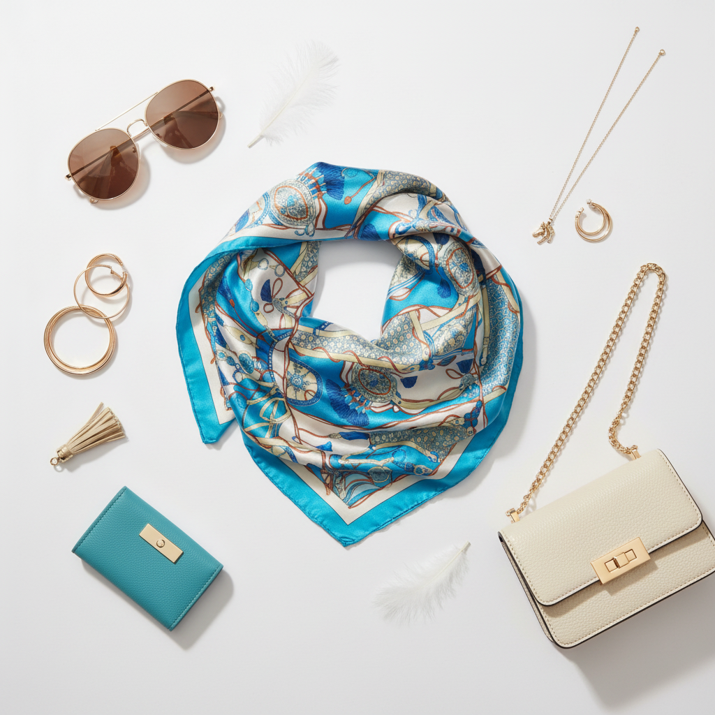 Turquoise Equestrian Patchwork Satin Scarf 20x20 Flat Lay with Fashion Accessories Styling
