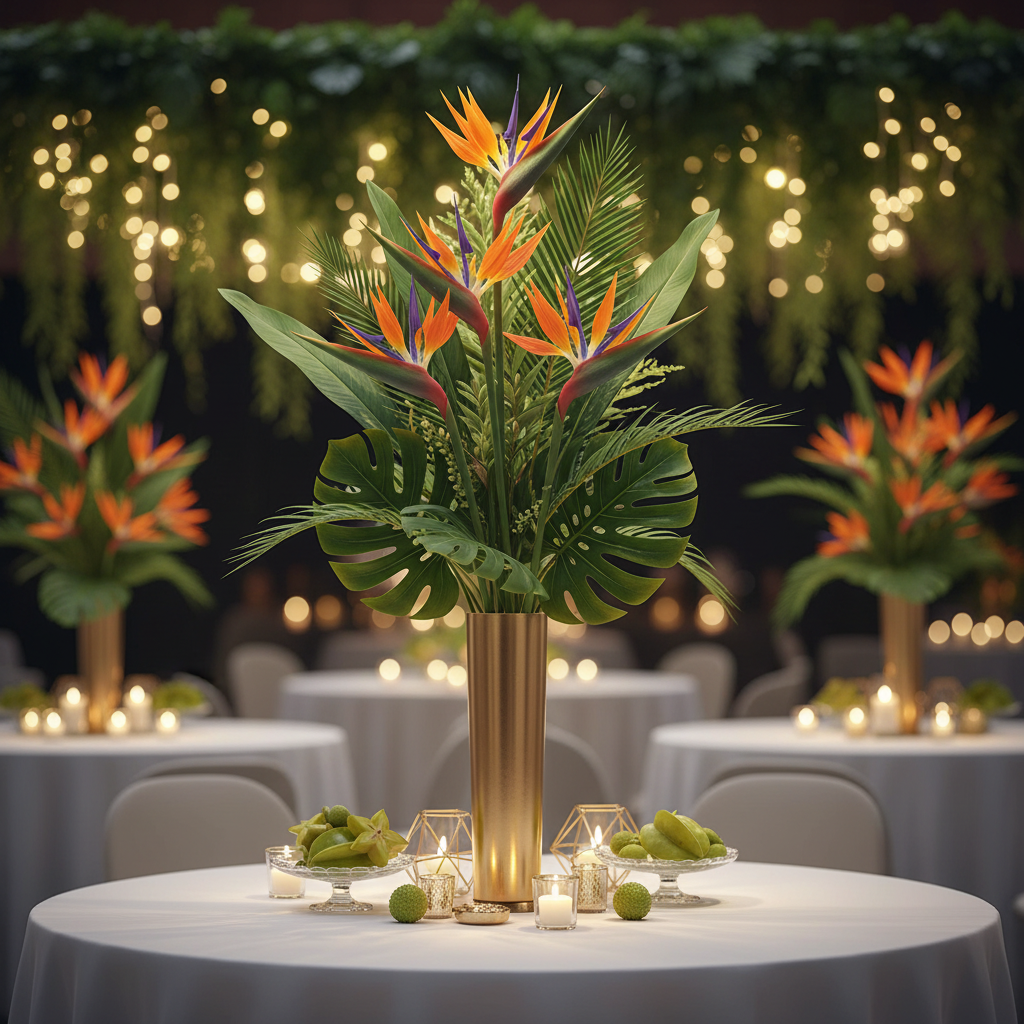 Tropical wedding centerpiece with artificial Bird of Paradise flowers in gold vase, elegant event decor