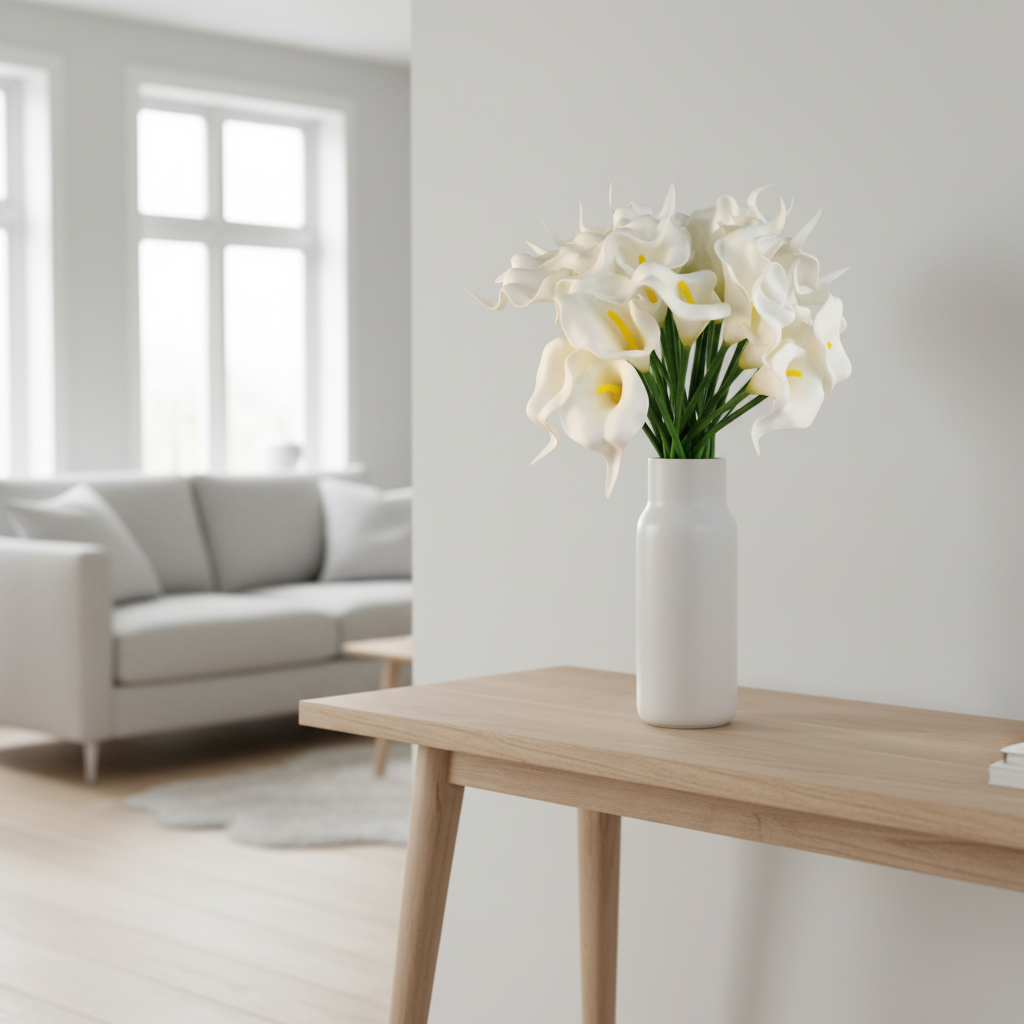 Modern minimalist white artificial calla lily arrangement in sleek white ceramic vase, Scandinavian home decor styling