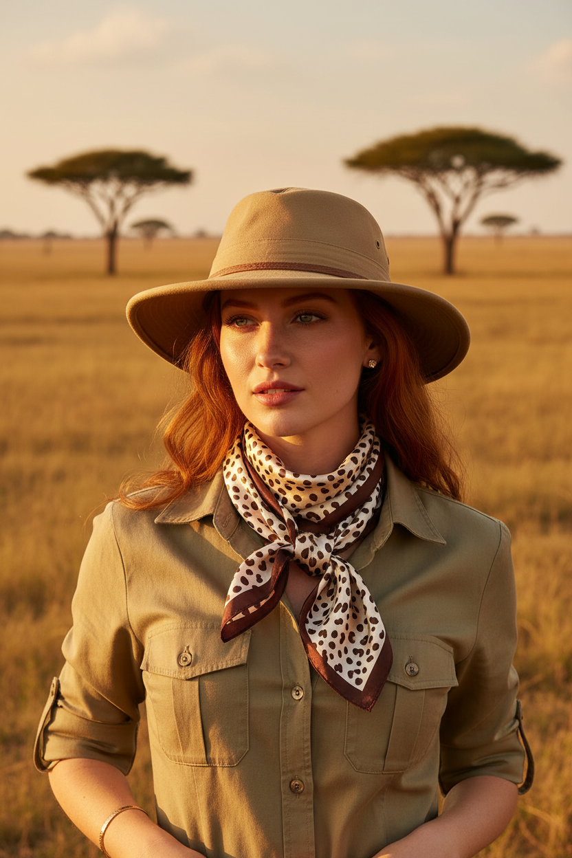 Woman with long wavy auburn hair wearing cream brown leopard print satin square scarf tied at neck in khaki safari shirt and wide brim safari hat golden savanna acacia trees background travel style 20x20