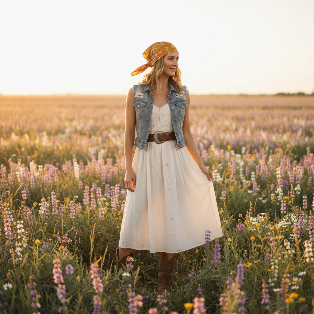 Woman wearing gold paisley scarf as headscarf in wildflower field, boho cottage cowgirl style golden hour