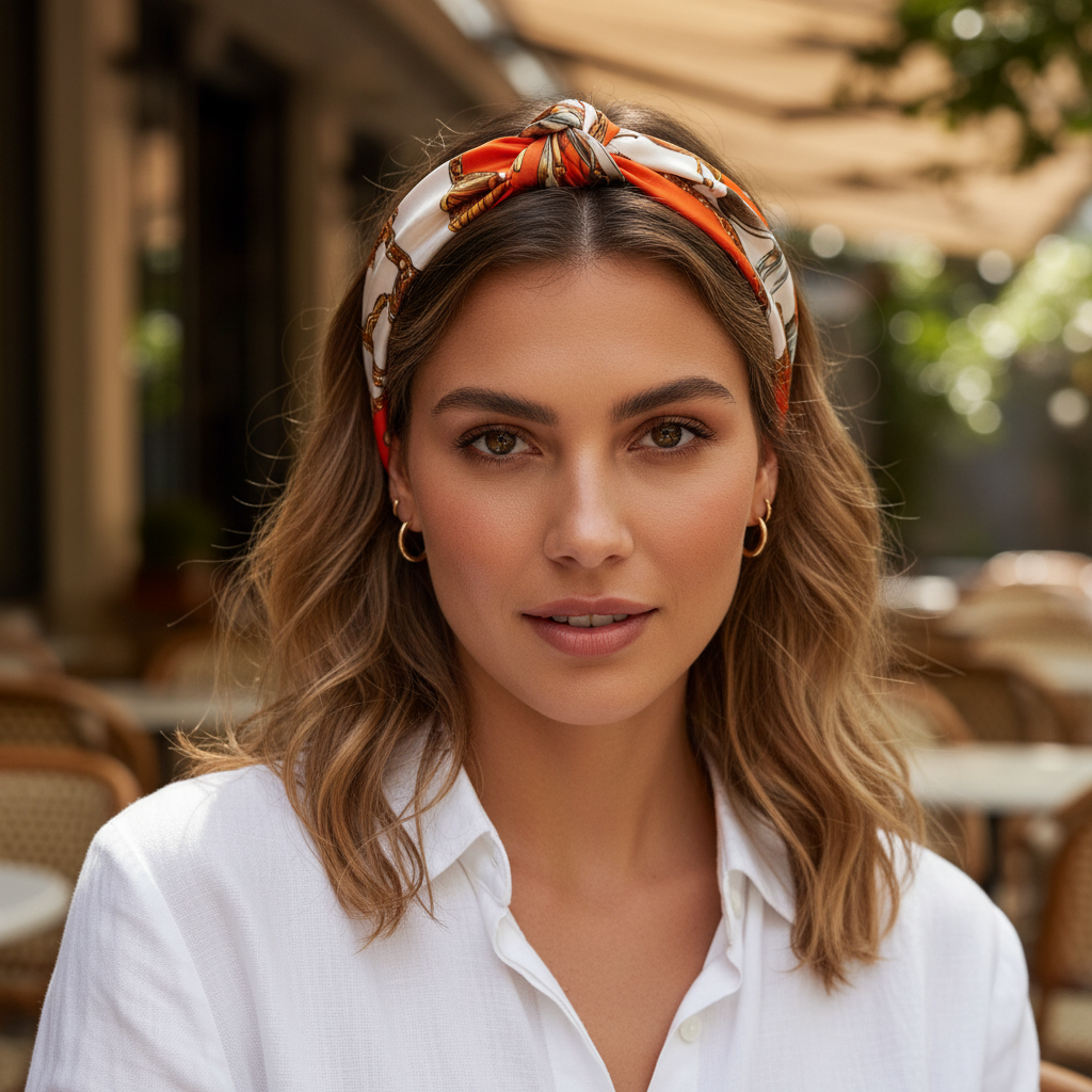 Orange Equestrian Horse Chain Satin Scarf Styled as Headband 20x20 Classic Hair Accessory