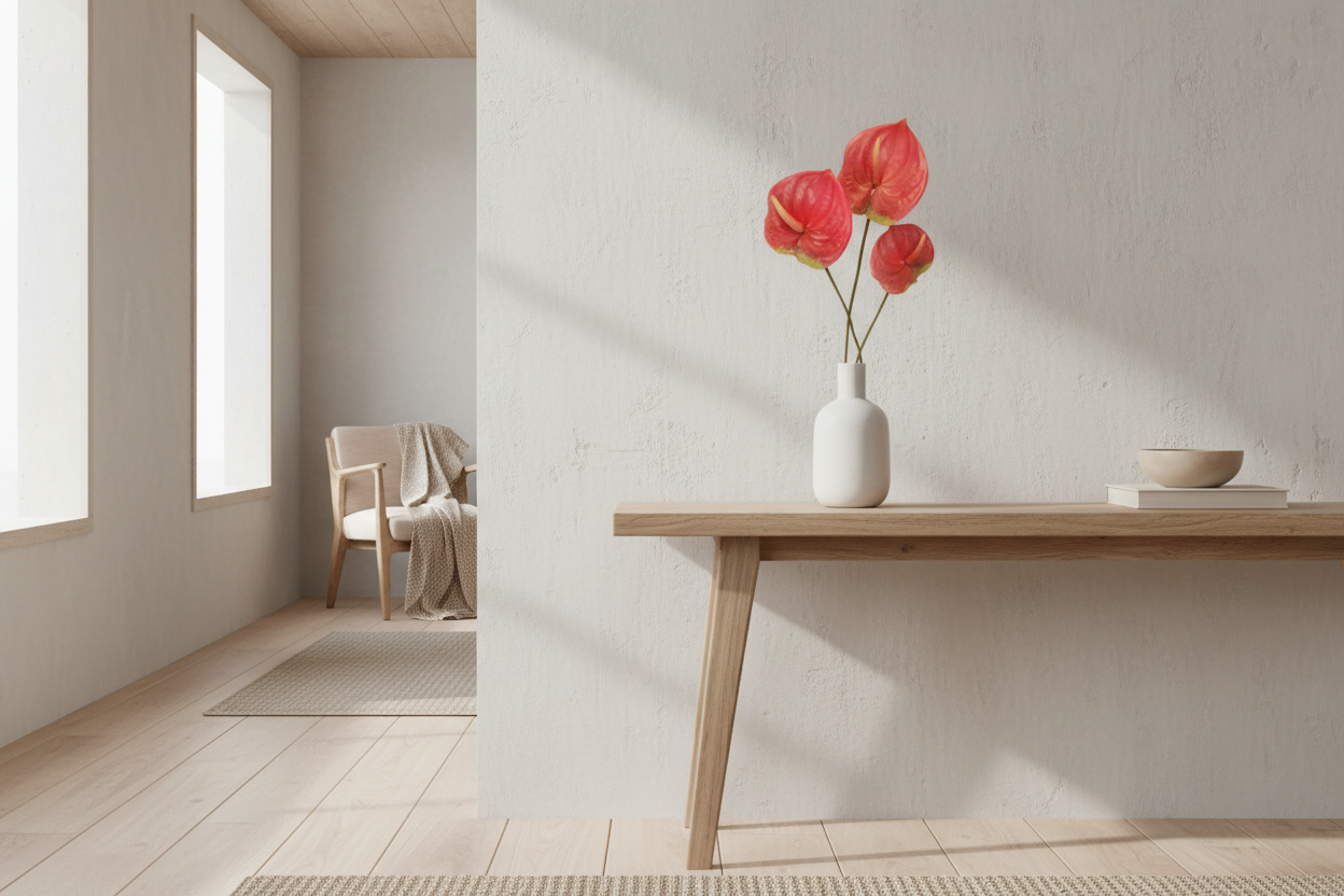 Modern feminine interior with three small pink Anthurium stems in white vase, delicate proportions