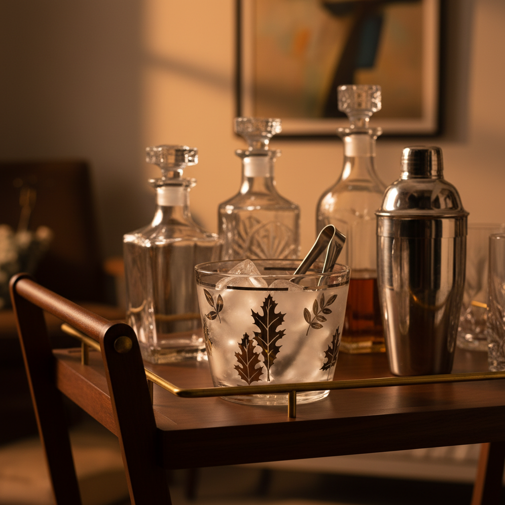 Vintage Libbey frosted silver leaf glass ice bucket correctly sized on a mid-century bar cart with cocktail shaker, tongs, and crystal decanters