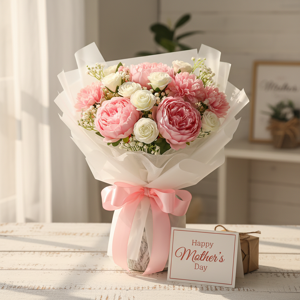White artificial foam roses and pink peonies arranged in a Mother's Day gift bouquet with pink ribbon bow and gift card on white wooden table