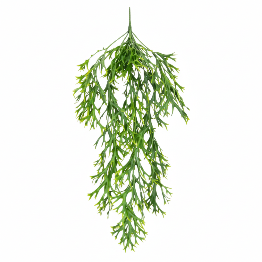 Bright green artificial cascading staghorn fern bunch on pure white background - faux trailing plant wall decor