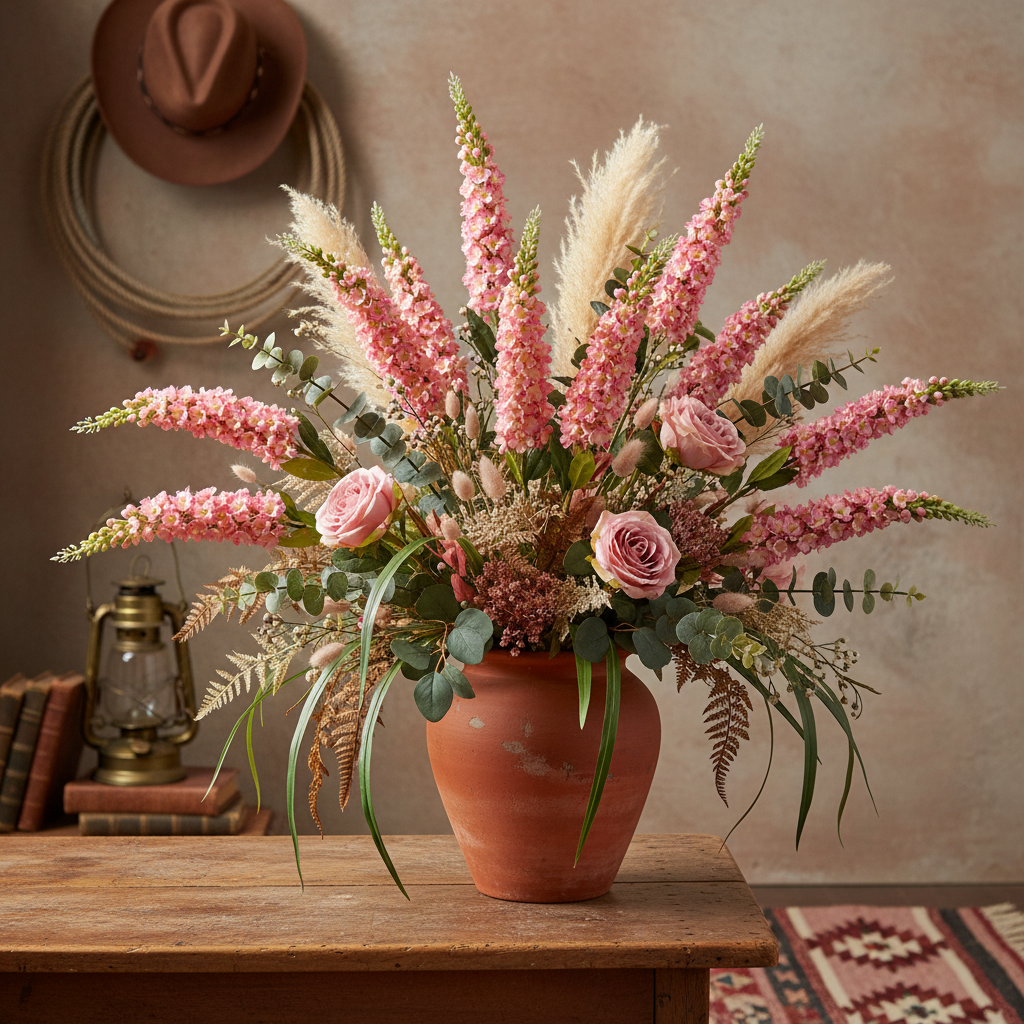 Blush pink snapdragon larkspur spike stems in a textured terracotta vase with western props including cowboy hat, rope, and lantern