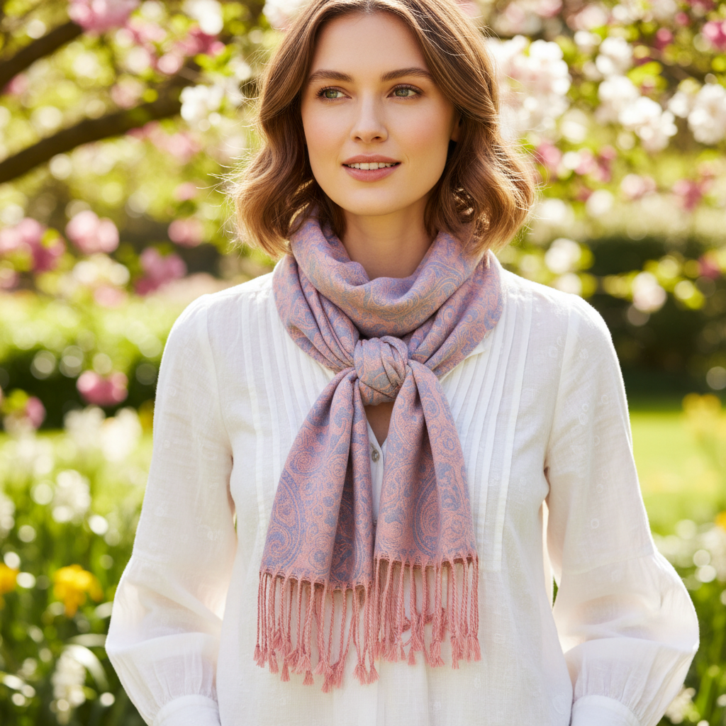 Woman wearing dusty blue blush pink paisley jacquard scarf tied as boho neck scarf over white blouse in spring outdoor setting