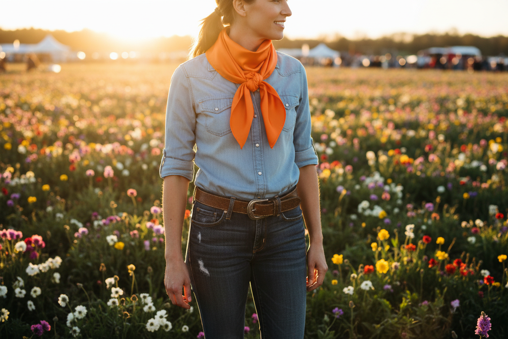 Orange wild rag tied elegantly at spring outdoor event with blooming wildflowers and chambray shirt