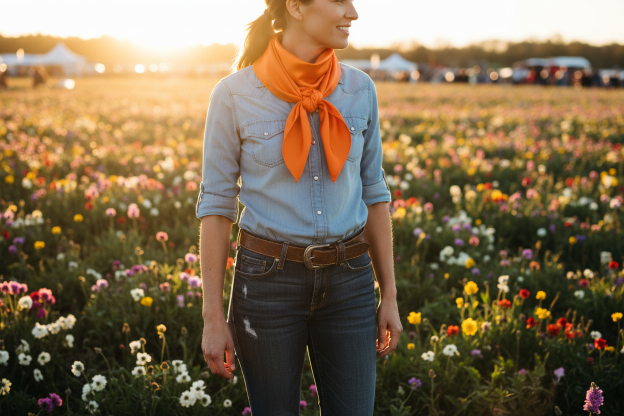 Orange wild rag tied elegantly at spring outdoor event with blooming wildflowers and chambray shirt