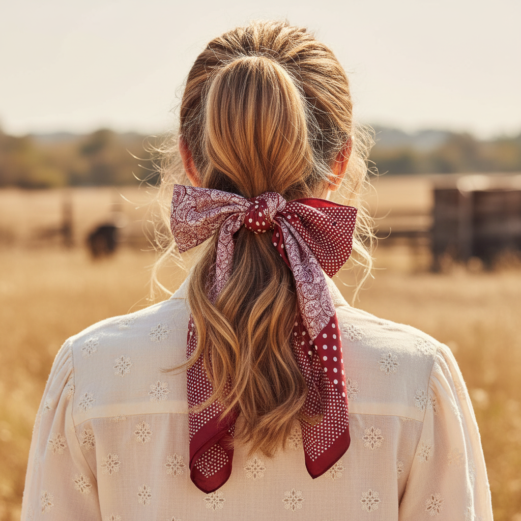Woman with red patchwork satin bandana scarf tied around ponytail as hair accessory in casual western boho style no hat