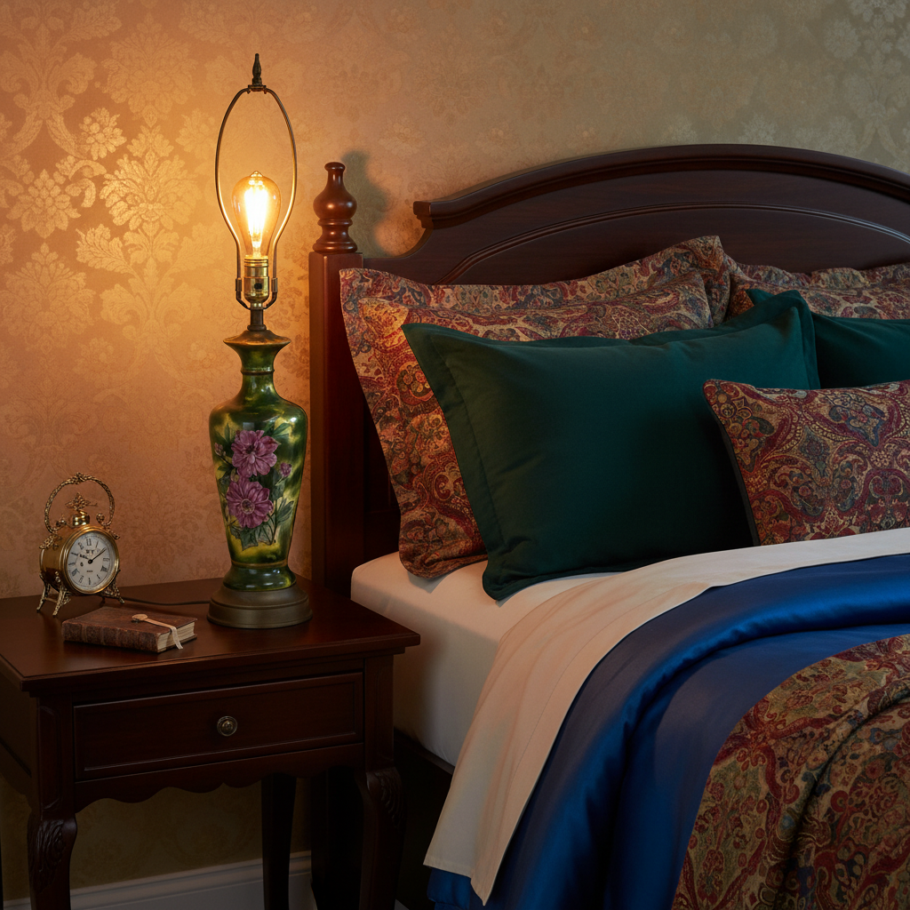 Vintage Victorian hand-painted floral ceramic table lamp styled on a wooden nightstand in a cozy Victorian-inspired bedroom