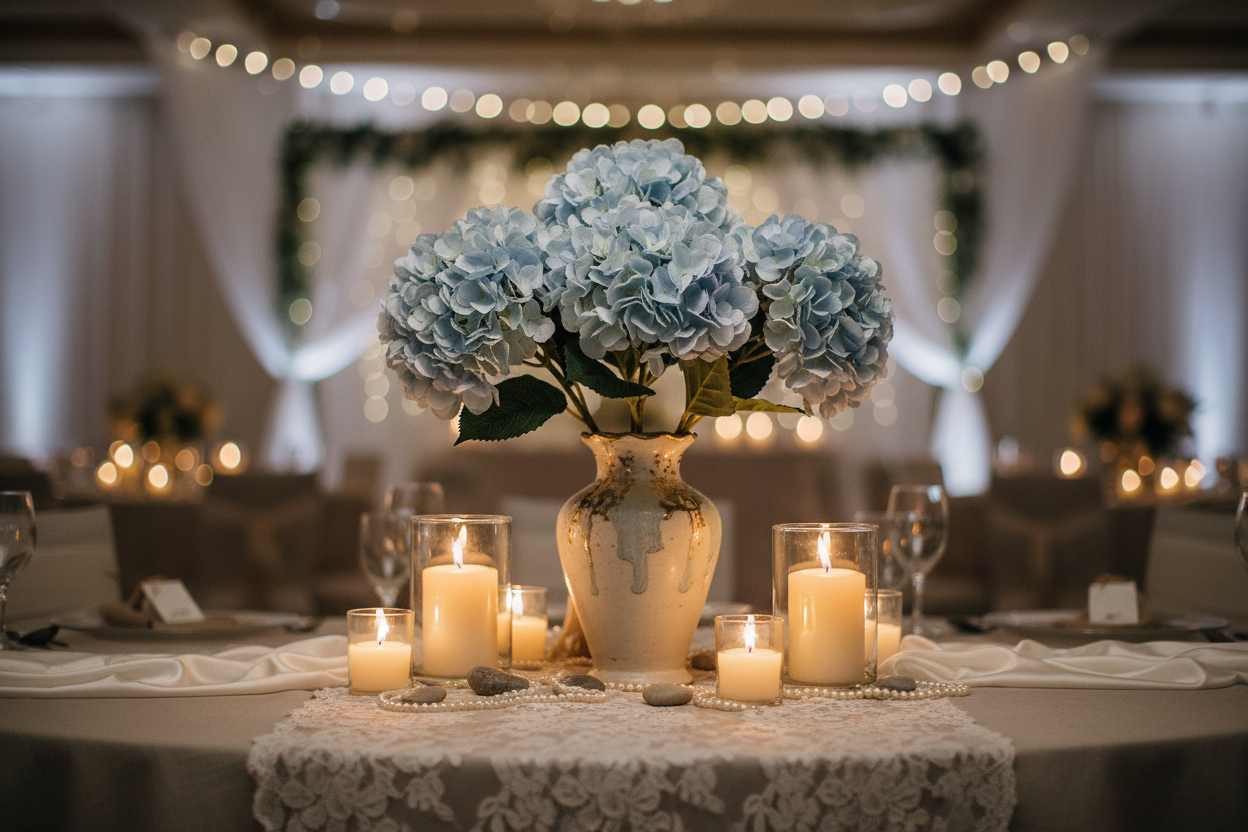 Spring wedding reception centerpiece featuring soft blue hydrangea stems in vintage vase with candles and neutral linens
