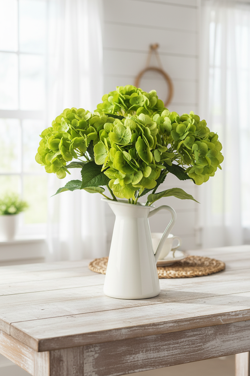 Apple green hydrangea stems in white ceramic pitcher on bright farmhouse kitchen table with natural light