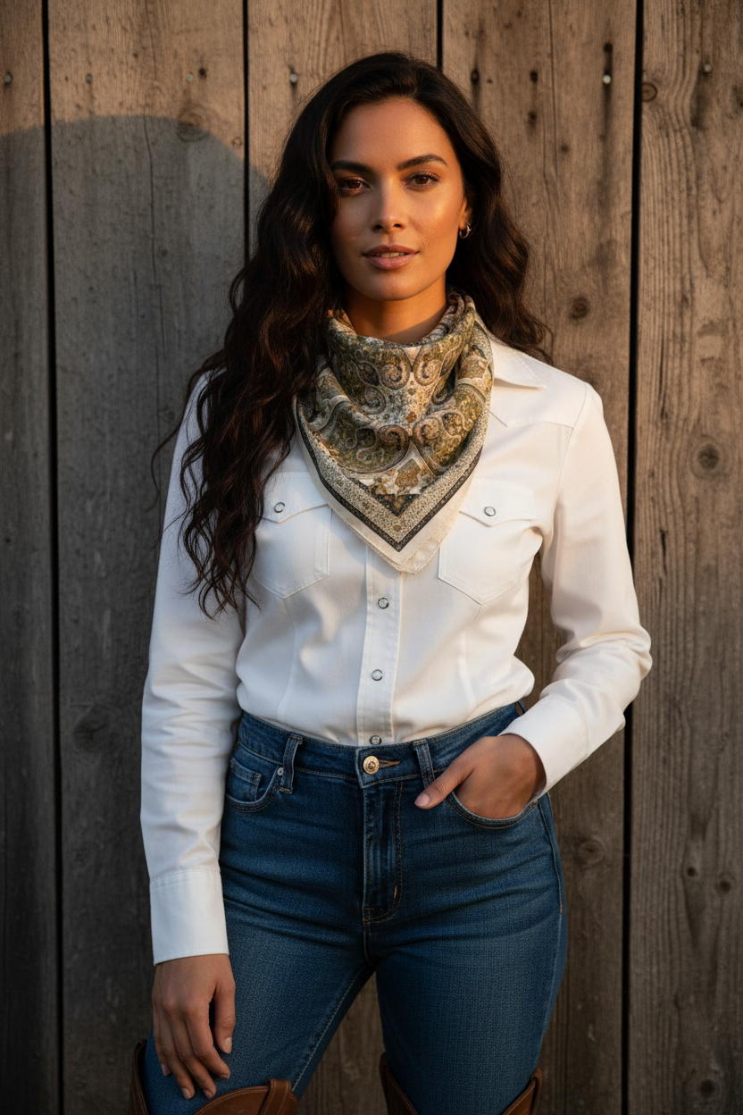 Ivory olive paisley cowgirl bandana tied at neck over white western shirt dark denim boots