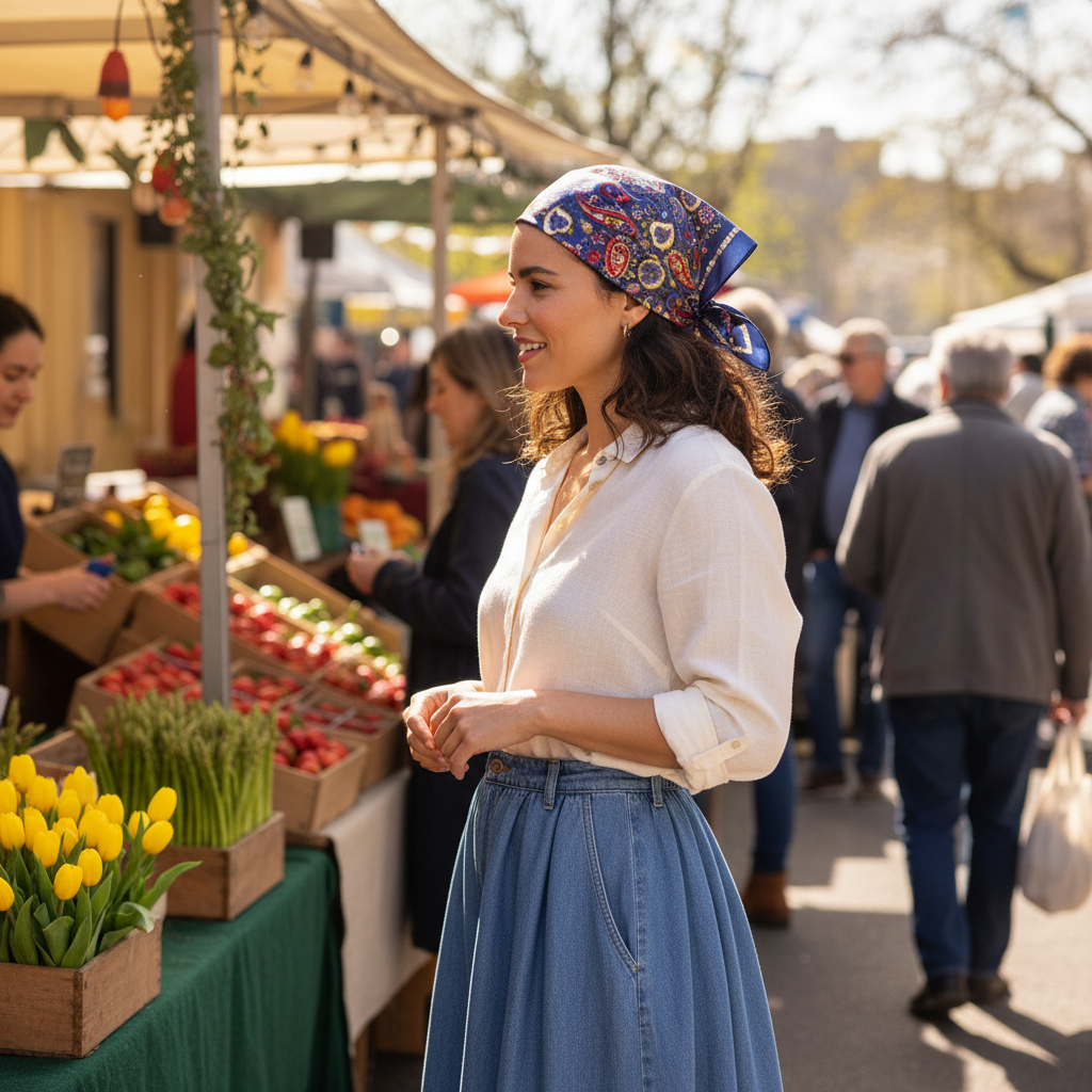 Woman styling navy paisley satin scarf as a headscarf at a spring farmers market