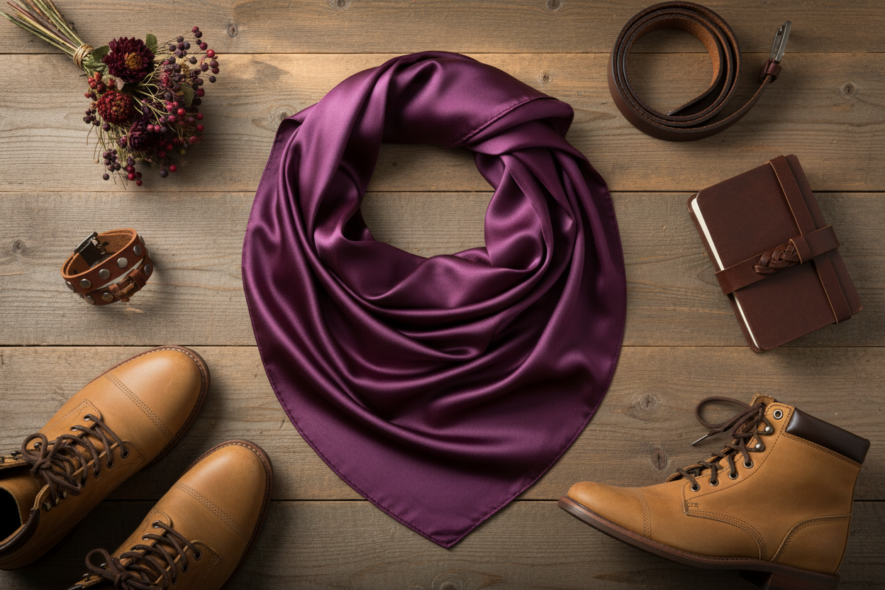Eggplant purple wild rag fall flat lay with burgundy flowers, leather accessories, and tan boots on barn wood
