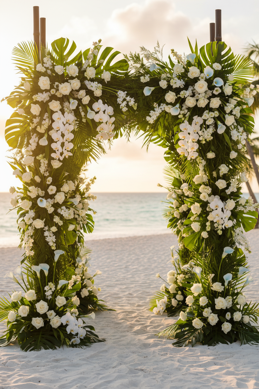 Baby blue and white artificial calla lily stems decorating a tropical wedding arch with white orchids, monstera leaves, and palm greenery