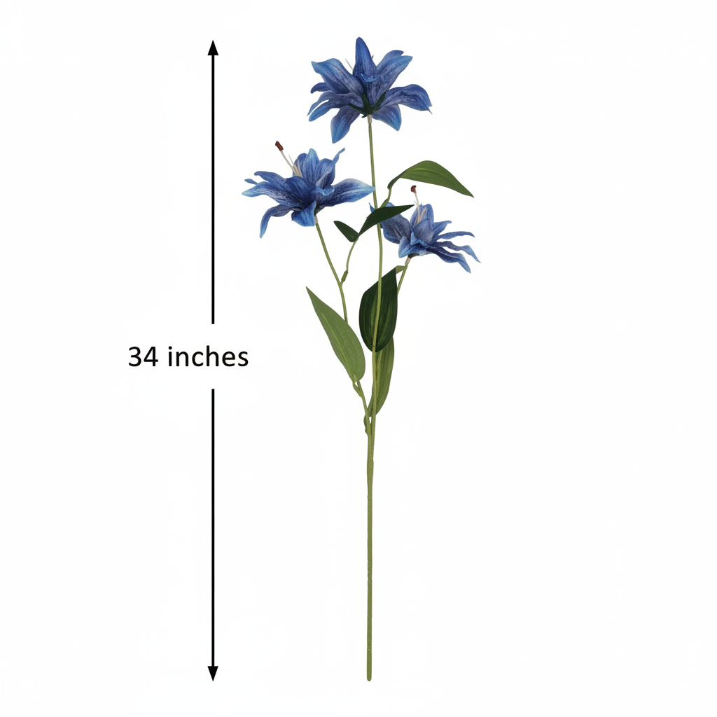 Blue artificial tiger lily stem measurement diagram showing 34 inches tall on white background