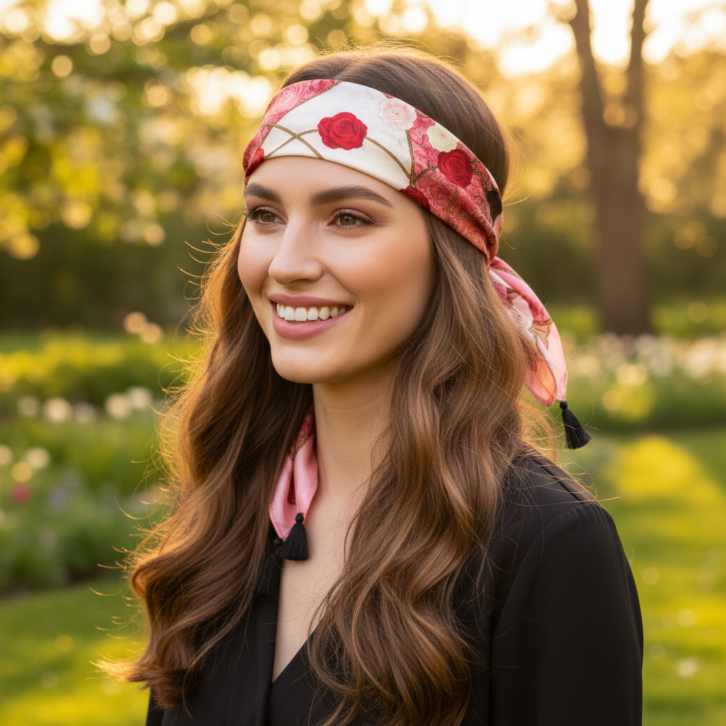 Red rose floral 20x20 satin scarf styled as headband hair wrap accessory