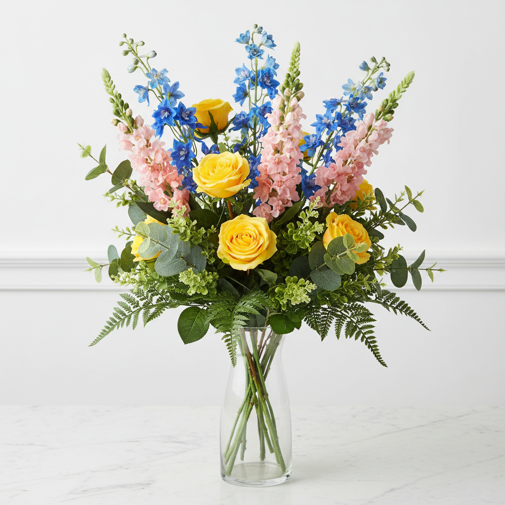 Blush pink snapdragon stems with yellow roses and blue delphinium in tall glass vase arrangement