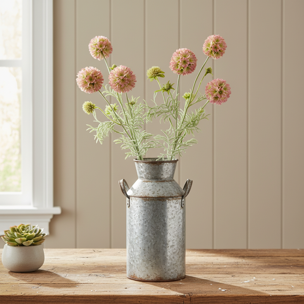 Faux blush pink scabiosa wildflower stems in a white farmhouse vase on rustic wood planks with soft neutral shiplap wall background