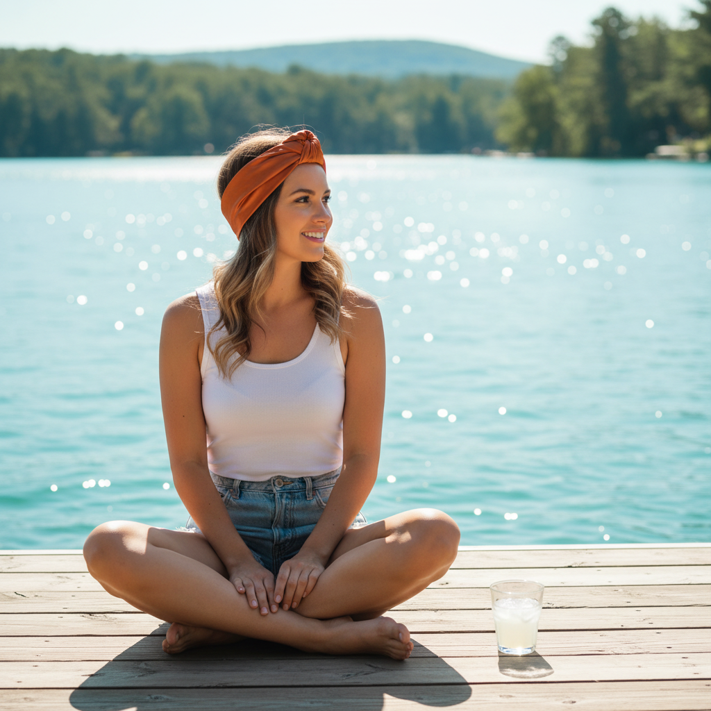 Woman wearing burnt orange wild rag scarf as head wrap at summer lakeside beach in casual attire