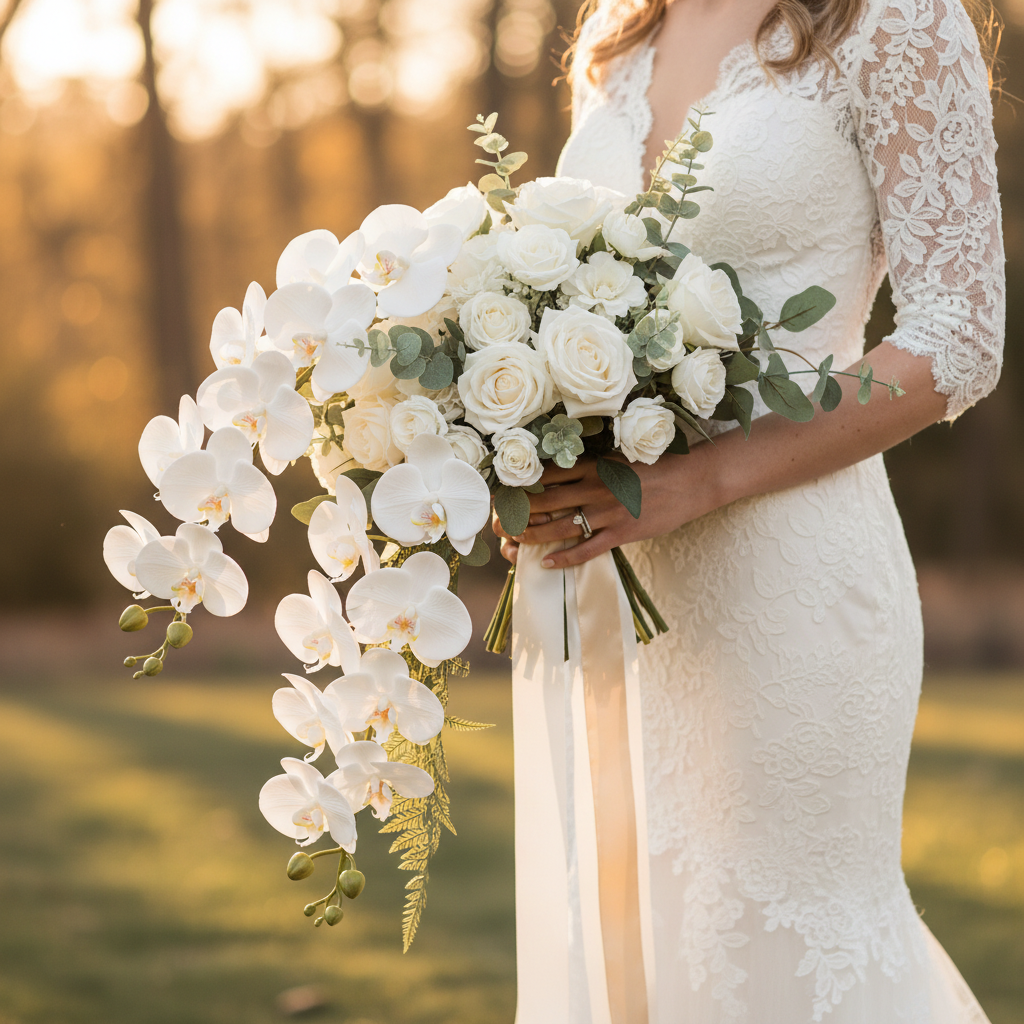 Bridal bouquet featuring ivory white faux orchid stems mixed with white roses and greenery, elegant wedding photography