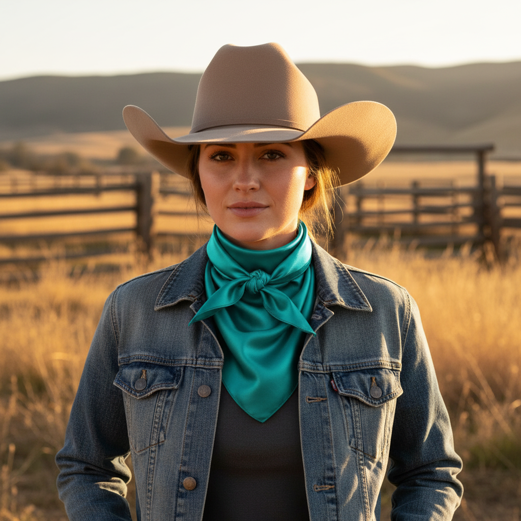 Cowgirl wearing teal blue wild rag scarf with denim jacket and western hat at ranch