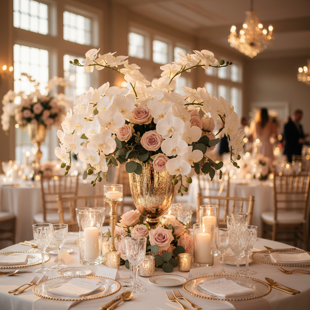 Ivory white faux orchid stems arranged in a gold vase as an elegant wedding reception centerpiece with candles and blush roses