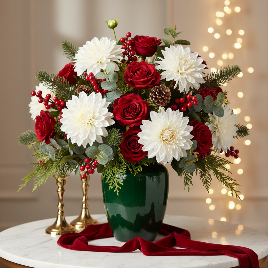 Christmas floral arrangement with white dahlia blooms, deep red roses, holly berries, pine branches and cedar in dark green ceramic vase