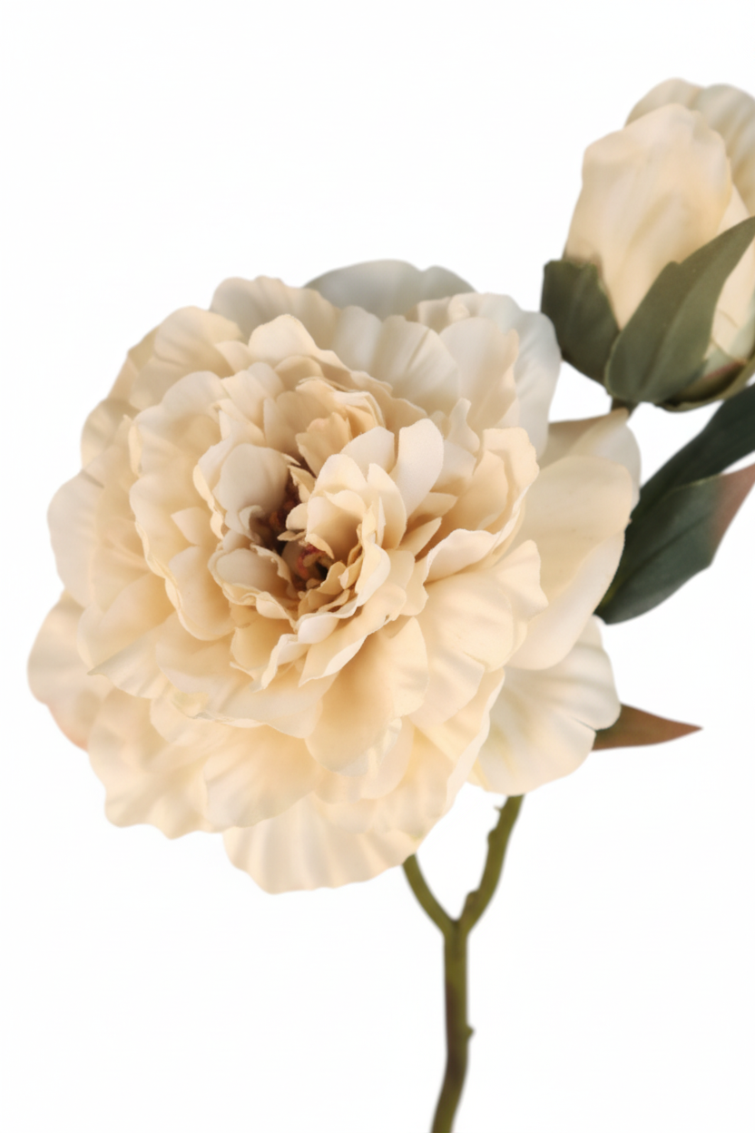 Close-up detail of cream ivory faux peony showing soft layered silk petals and natural texture