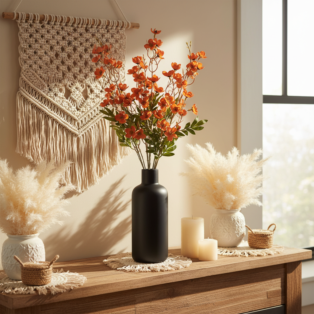 Artificial terracotta coral dogwood stems in matte black vase on boho fall mantel with pampas grass and woven decor