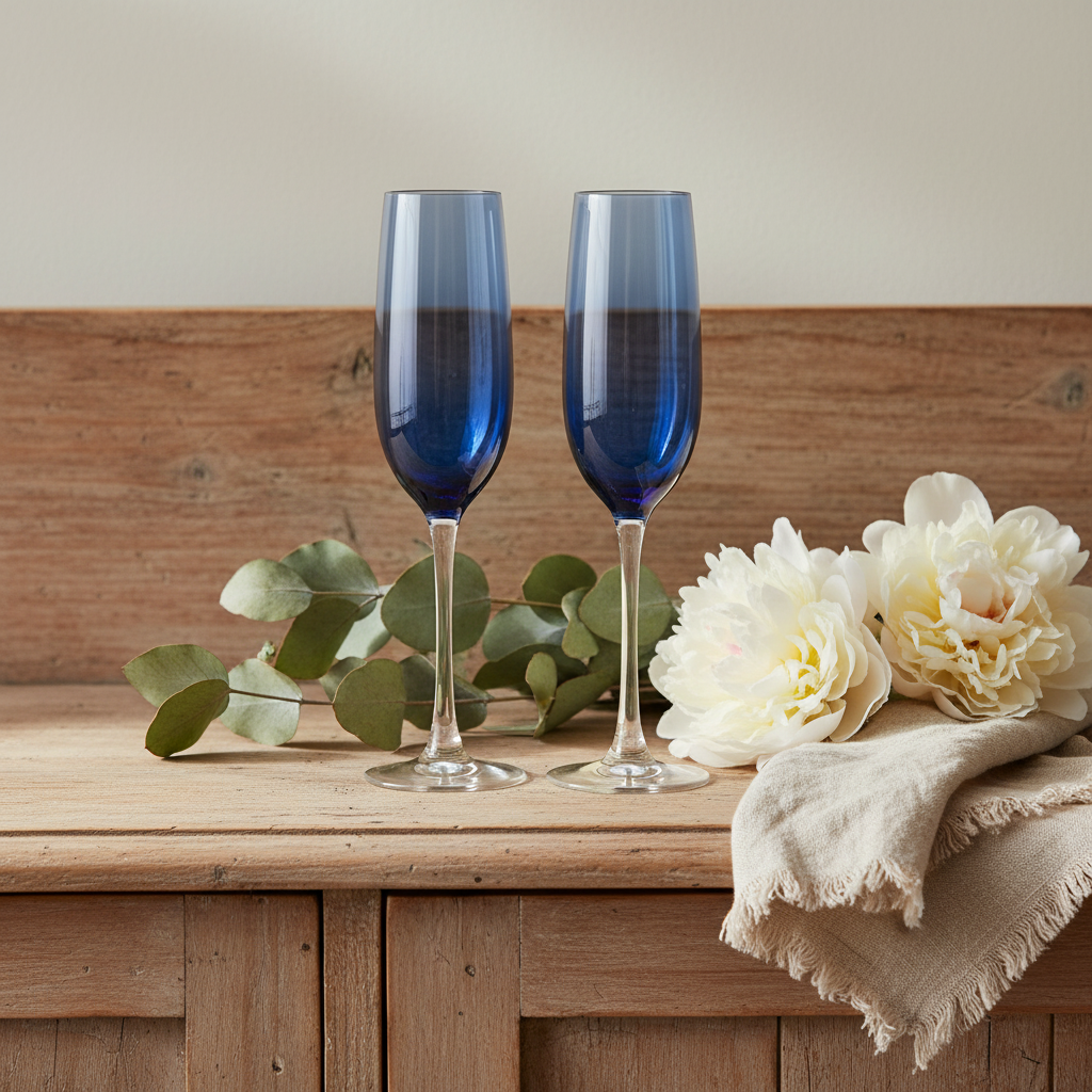 Vintage Libbey Vina blue ombre champagne flutes on a rustic wooden sideboard with dried eucalyptus and white peonies