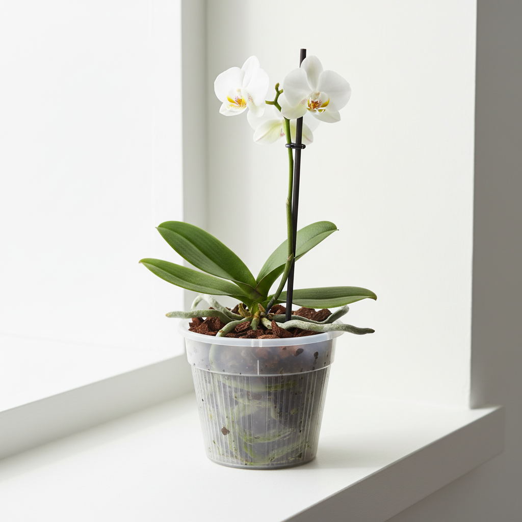 Clear orchid pot with small orchid plant on modern windowsill