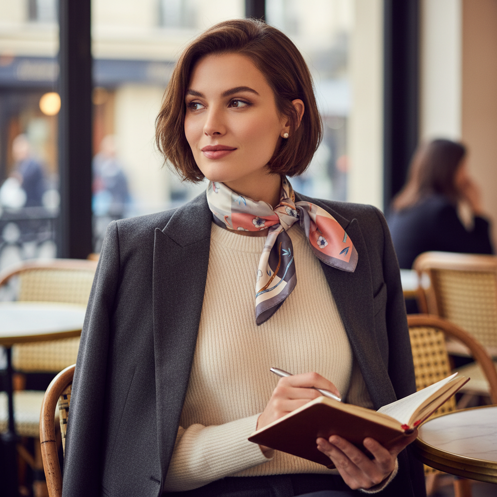 Woman wearing 20x20 inch floral bamboo patchwork satin square scarf tied around neck in classic Parisian style