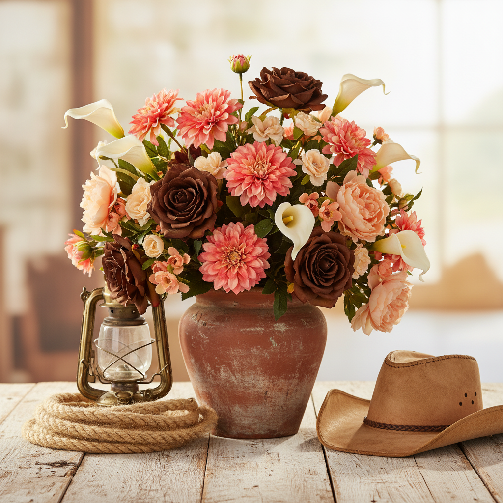 Faux coral pink dahlia stems tucked into a lush western arrangement with deep coffee brown faux roses and white calla lilies in a rustic terracotta vase