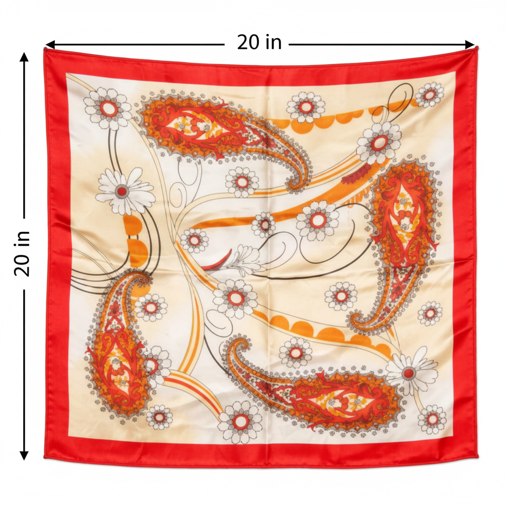 Red paisley satin square scarf flat lay measurement diagram showing 20x20 inch dimensions