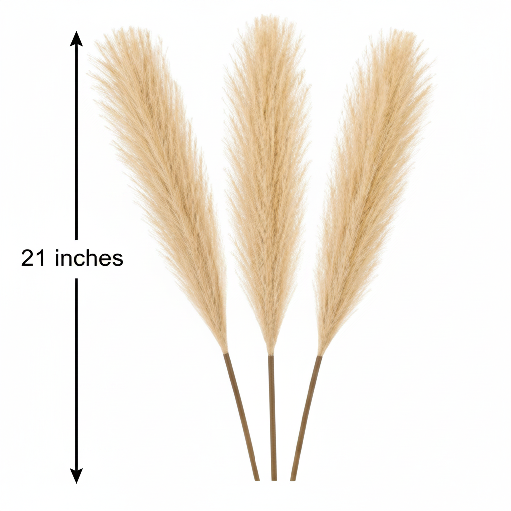 Wheat beige faux pampas grass 3 stem set measurement diagram showing 21 inches tall on white background