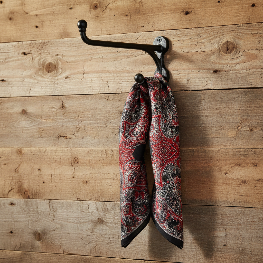 Vintage black cast iron western harness wall hook on rustic wood wall with black and red satin western wild rag scarf draped over hook arm