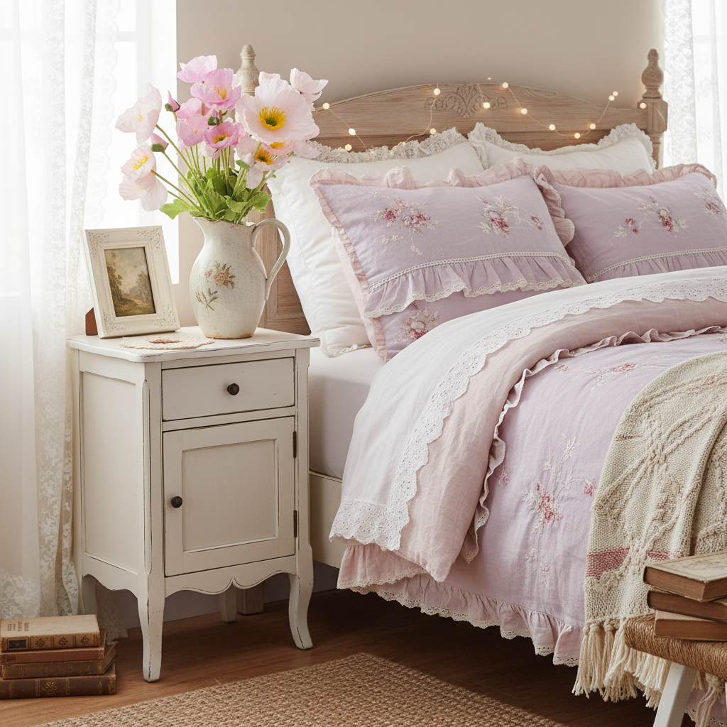 Cottagecore bedroom styled with pink and lavender artificial poppy bouquet in vintage ceramic pitcher on white nightstand with romantic shabby chic decor