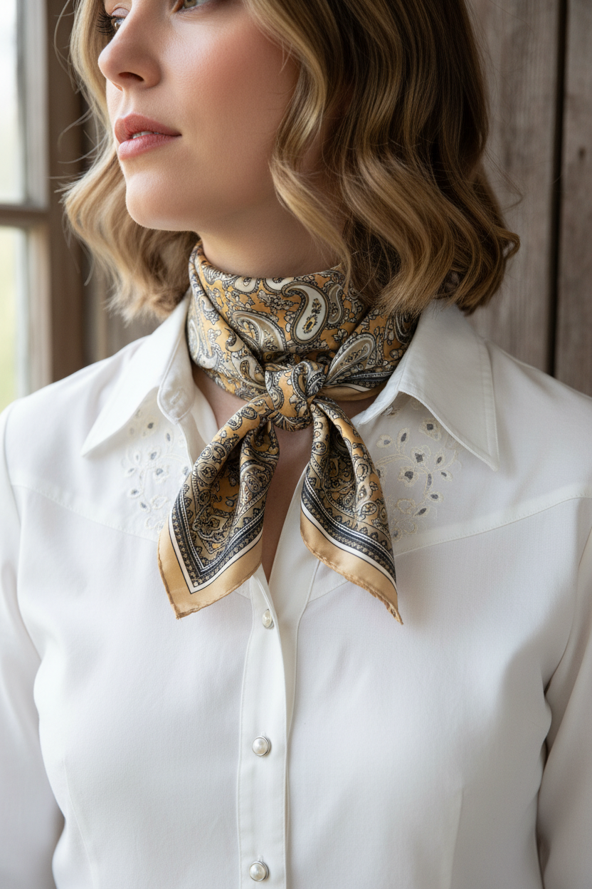 Close up of gold taupe paisley wild rag tied elegantly around neck, intricate retro pattern detail with white blouse