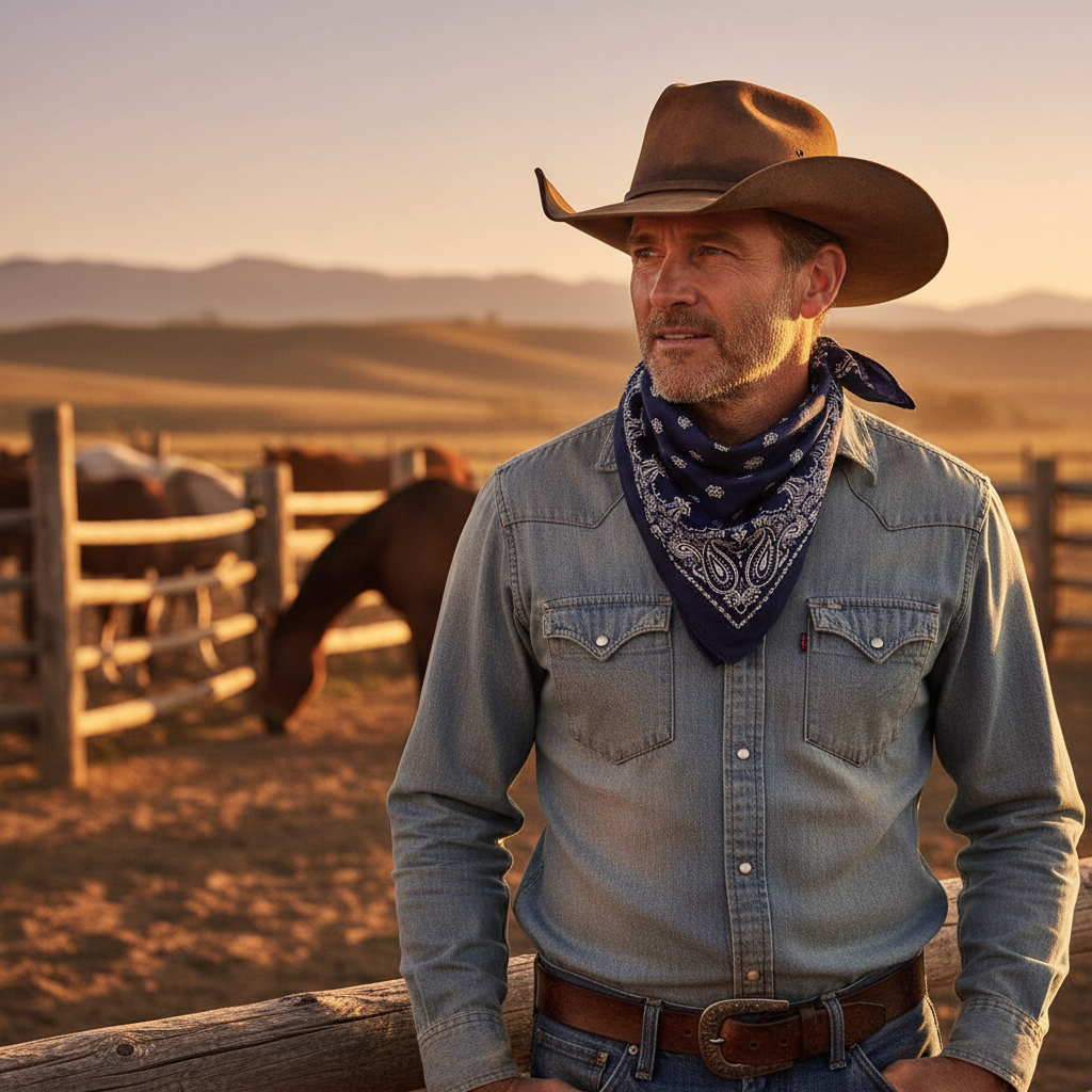 Cowboy wearing navy blue paisley wild rag scarf tied around neck at ranch with horses, authentic western style golden hour