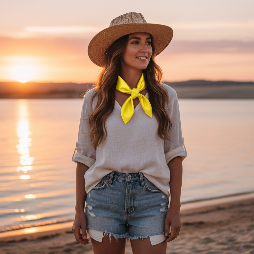 Woman wearing yellow wild rag scarf at summer beach lakeside, coastal cowgirl style with straw hat, golden hour