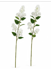 Set of 2 artificial white lilac-look stems, 30 inches tall, white floret clusters on green stems, white background