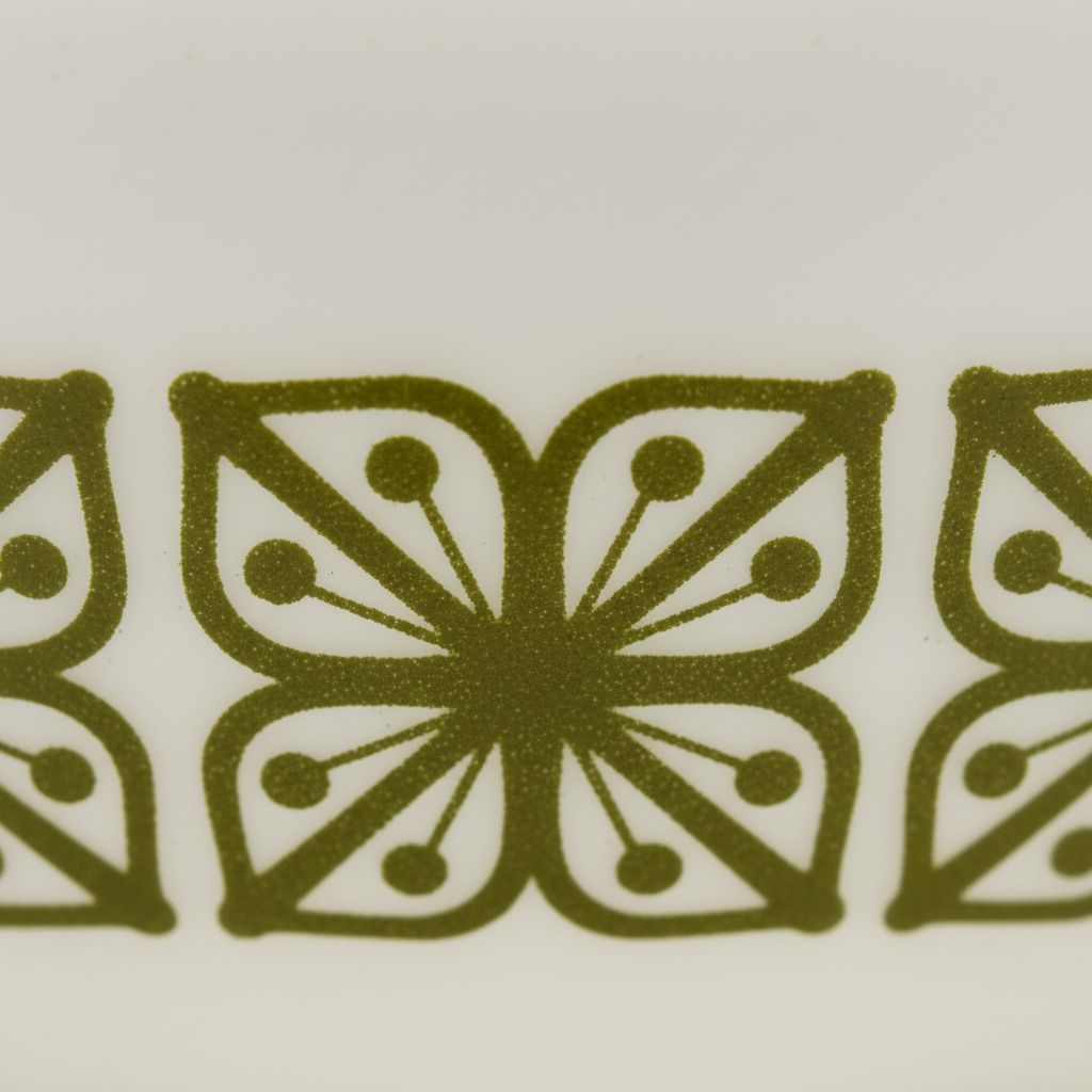 Close-up detail of Verde Green Square Flowers geometric pattern on white Pyrex milk glass